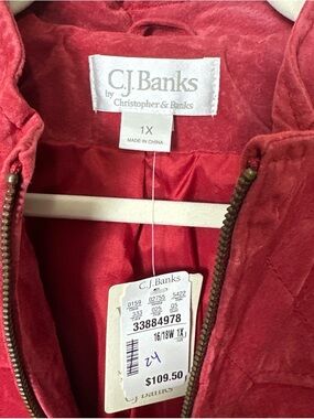 NWT C.J. Banks 1X Red Suede Leather Jacket Full Zip